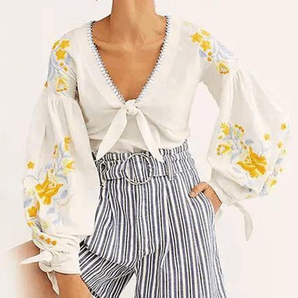 Free People Women's White Boho Floral Balloon Sleeve Blouse Top